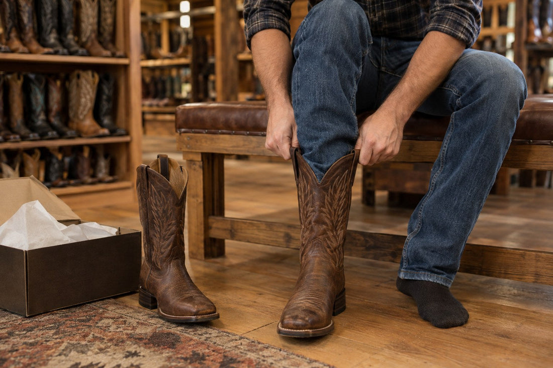 Customer trying on brown leather cowboy boots in a western boot store