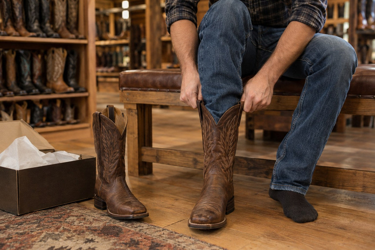 Customer trying on brown leather cowboy boots in a western boot store