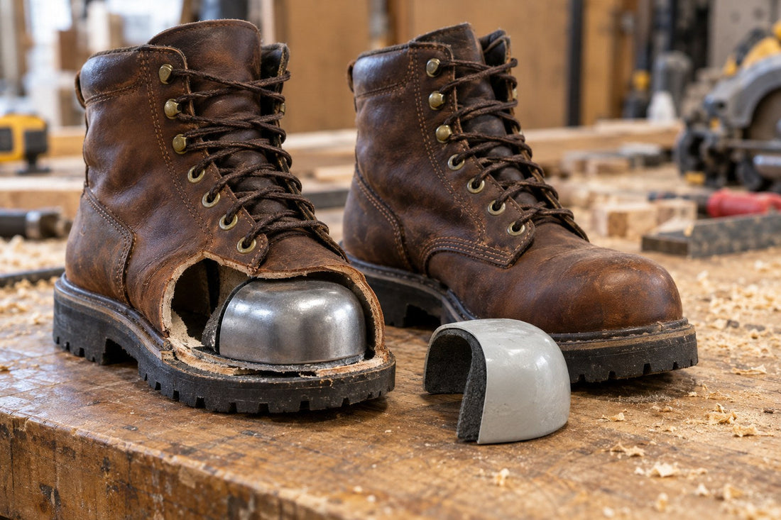 Work boots on a workbench showing a steel safety toe cap and a composite toe cap
