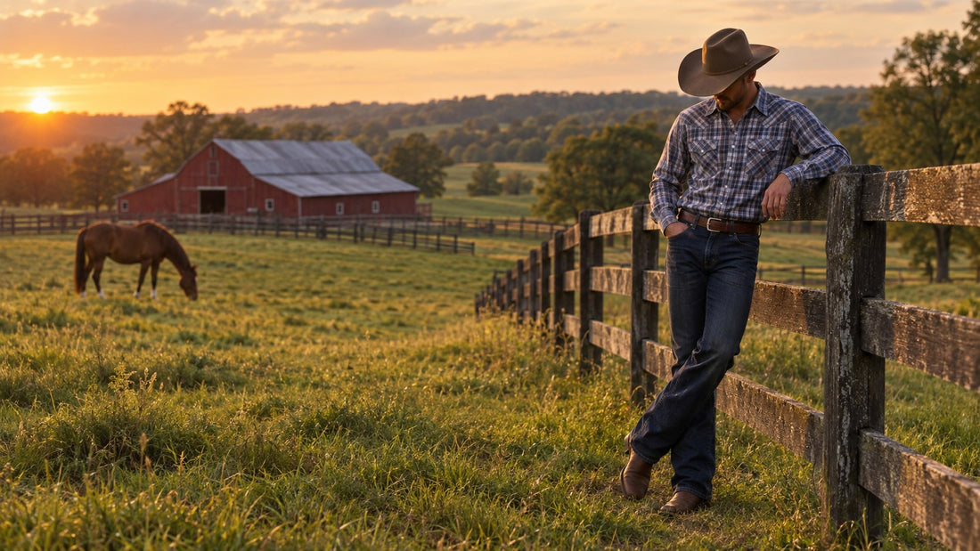 Man in a cowboy hat, plaid western shirt, bootcut jeans and cowboy boots leaning on a farm fence