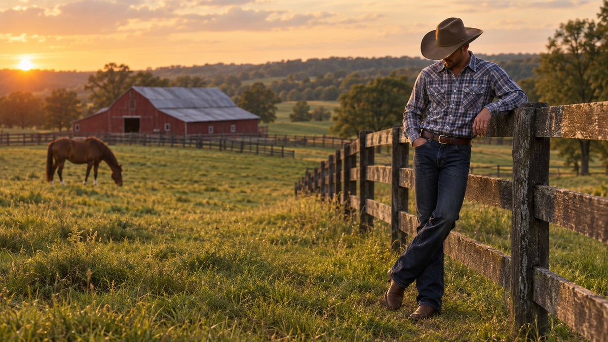 Man in a cowboy hat, plaid western shirt, bootcut jeans and cowboy boots leaning on a farm fence