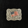 M and F Western Rectangle Smooth Edge Buckle With Scroll And Usa Flag