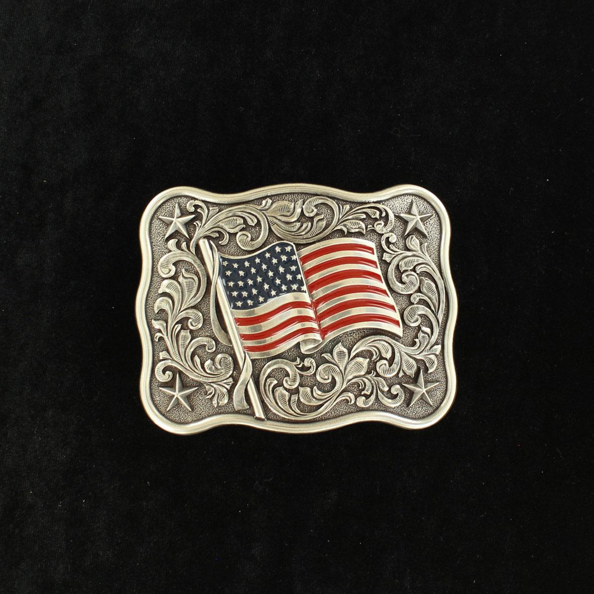 M and F Western Rectangle Smooth Edge Buckle With Scroll And Usa Flag