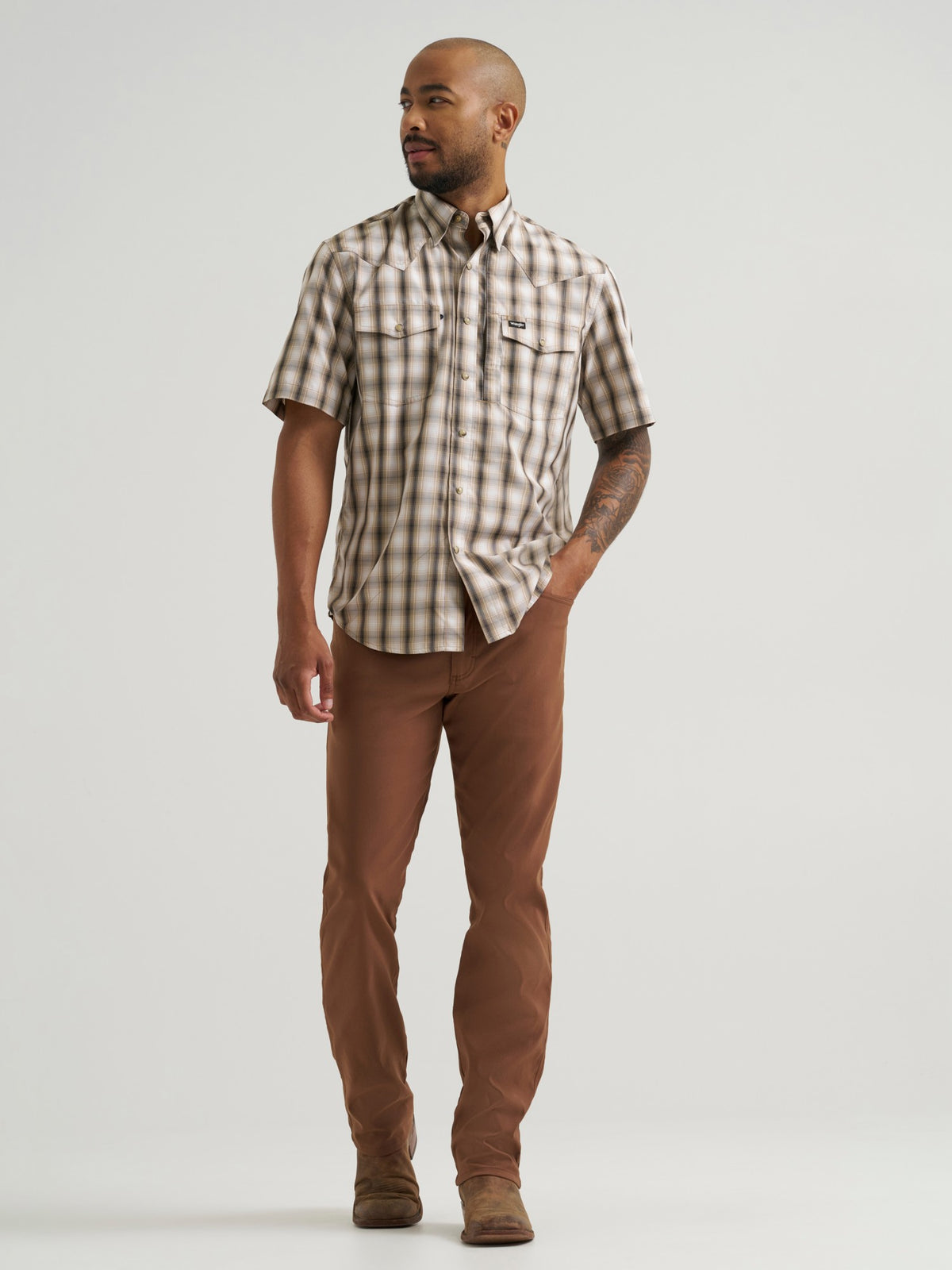 Wrangler Mens Ss Western Performance Snap Tan Plaid - view 3