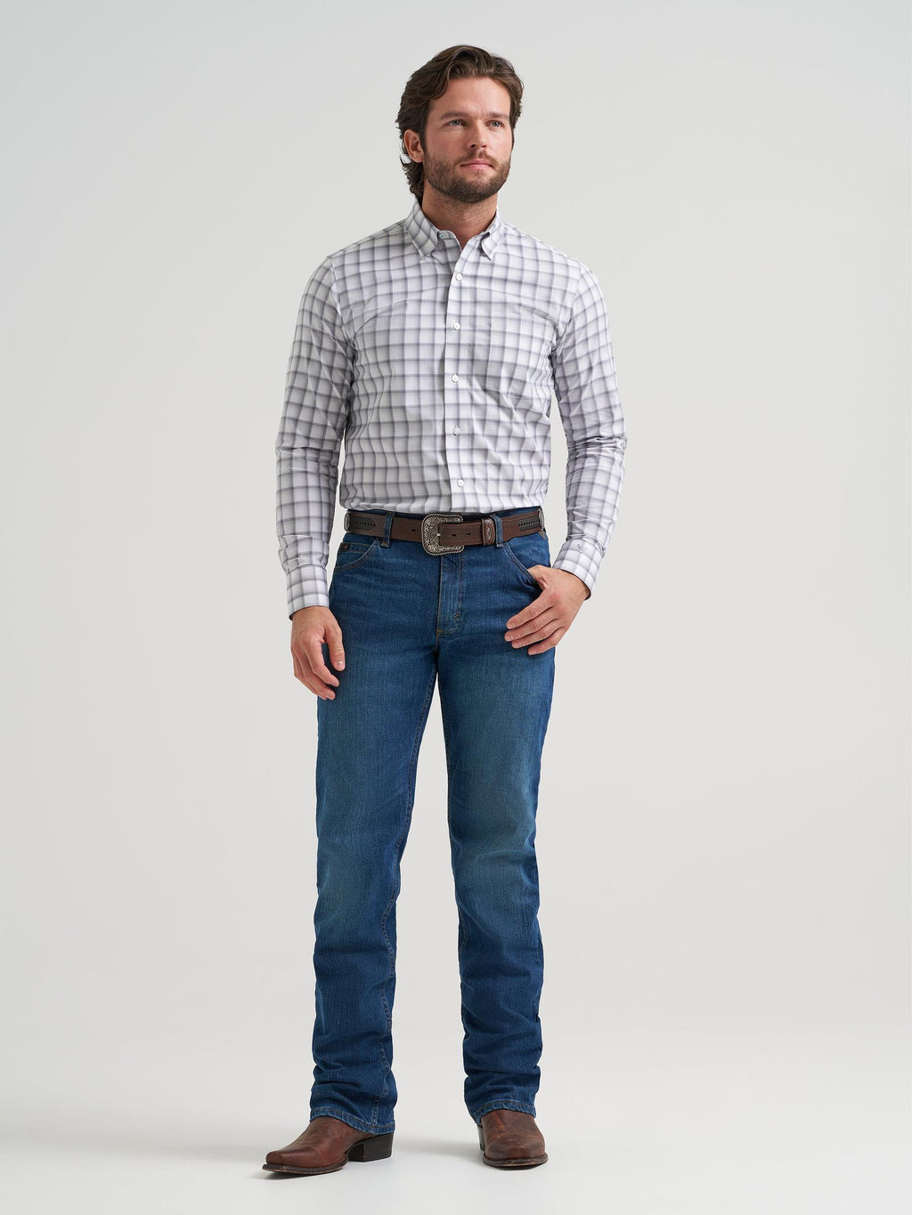 Wrangler Mens X Cody Johnson Long Sleeve Shirt - Classic Fit - Buttons White/Gray 112381514