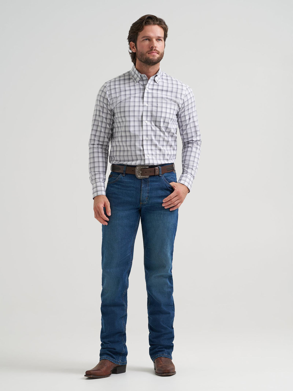Wrangler Mens X Cody Johnson Long Sleeve Shirt - Classic Fit - Buttons White/Gray 112381514