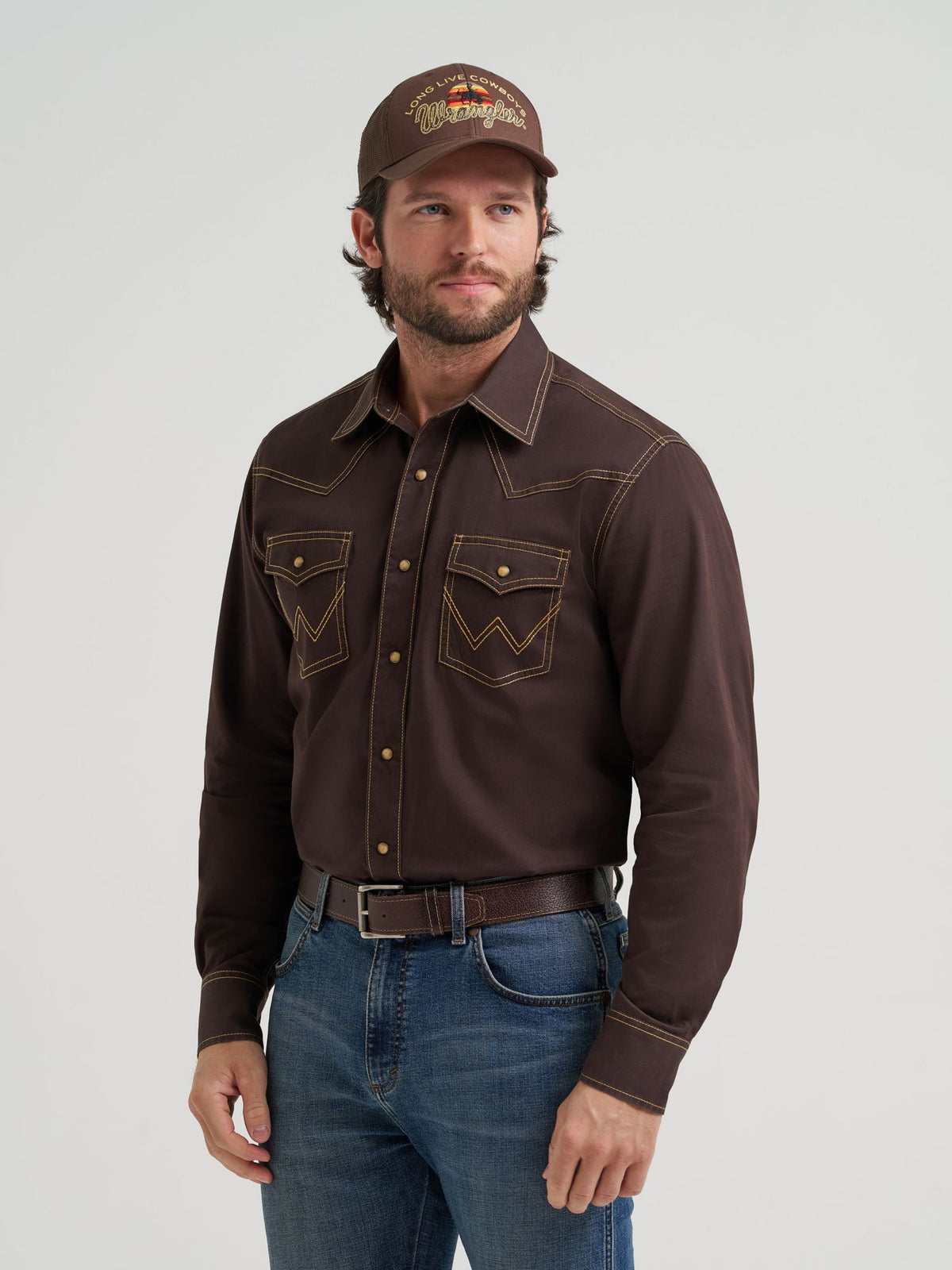Wrangler Mens Retro Premium Long Sleeve Snap Shirt - Modern Fit Brown 112381533