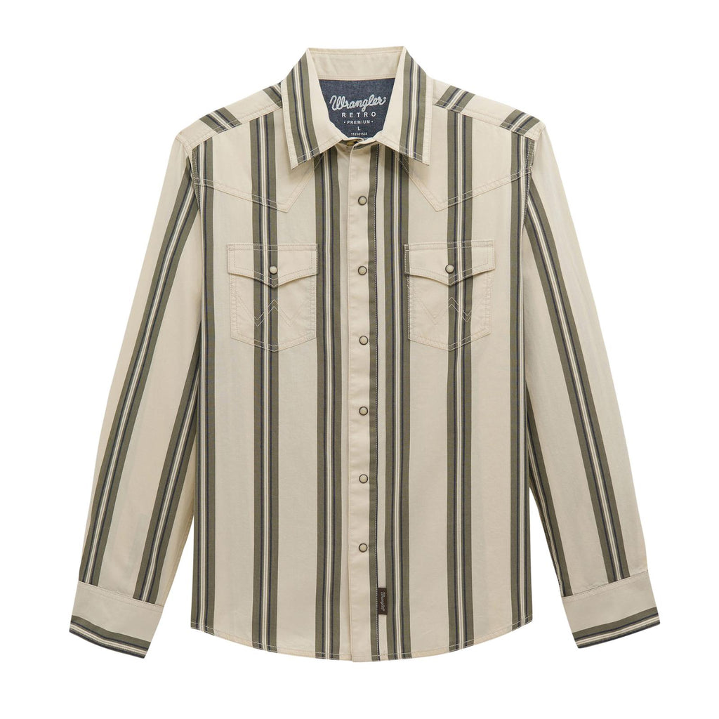 Wrangler Mens Retro Premium Long Sleeve Snap Shirt - Modern Fit Green/Ecru - view 3