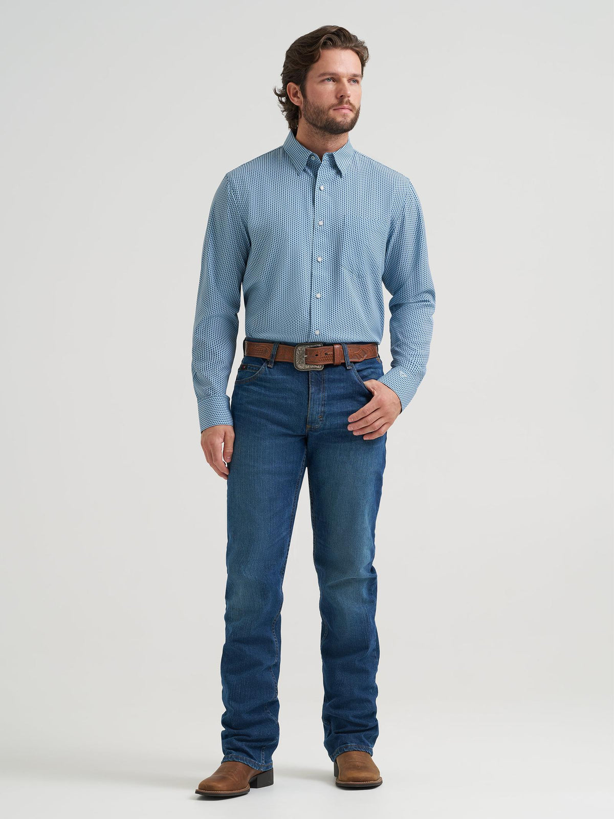 Wrangler Mens X Cody Johnson Long Sleeve Performance Shirt - Classic Fit - Buttons Blue 112381622