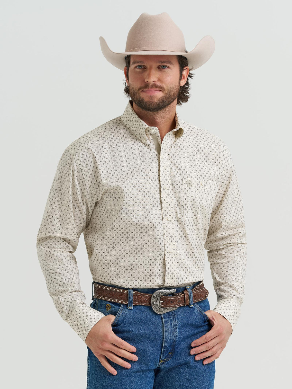 Wrangler Mens George Strait Collection One Pocket Long Sleeve Shirt Brown - view 2