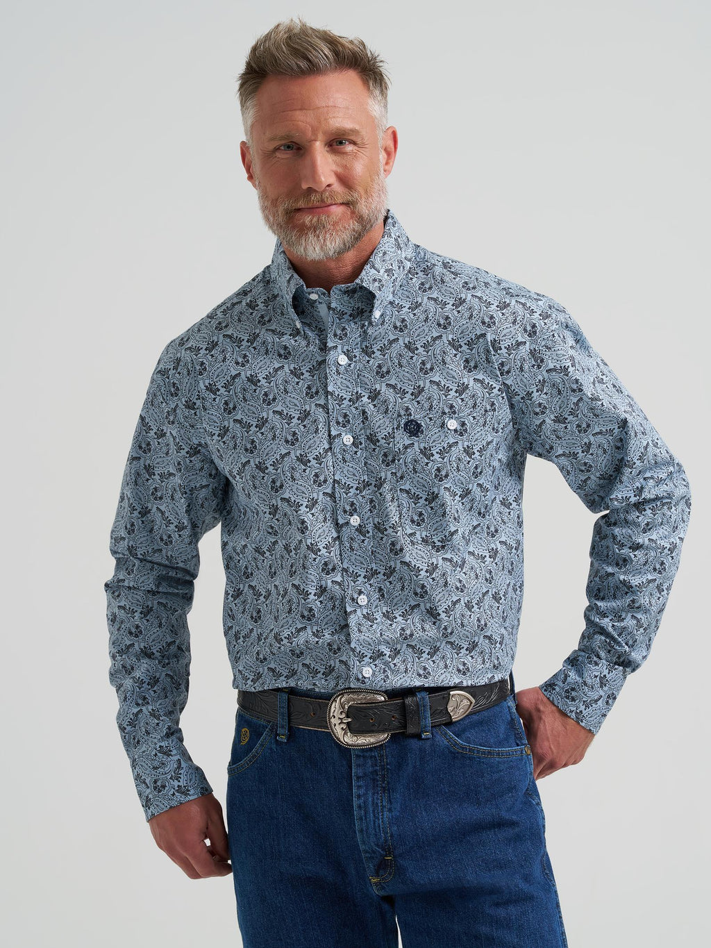 Wrangler Mens George Strait Collection One Pocket Long Sleeve Shirt - Relaxed Fit Blue - view 2