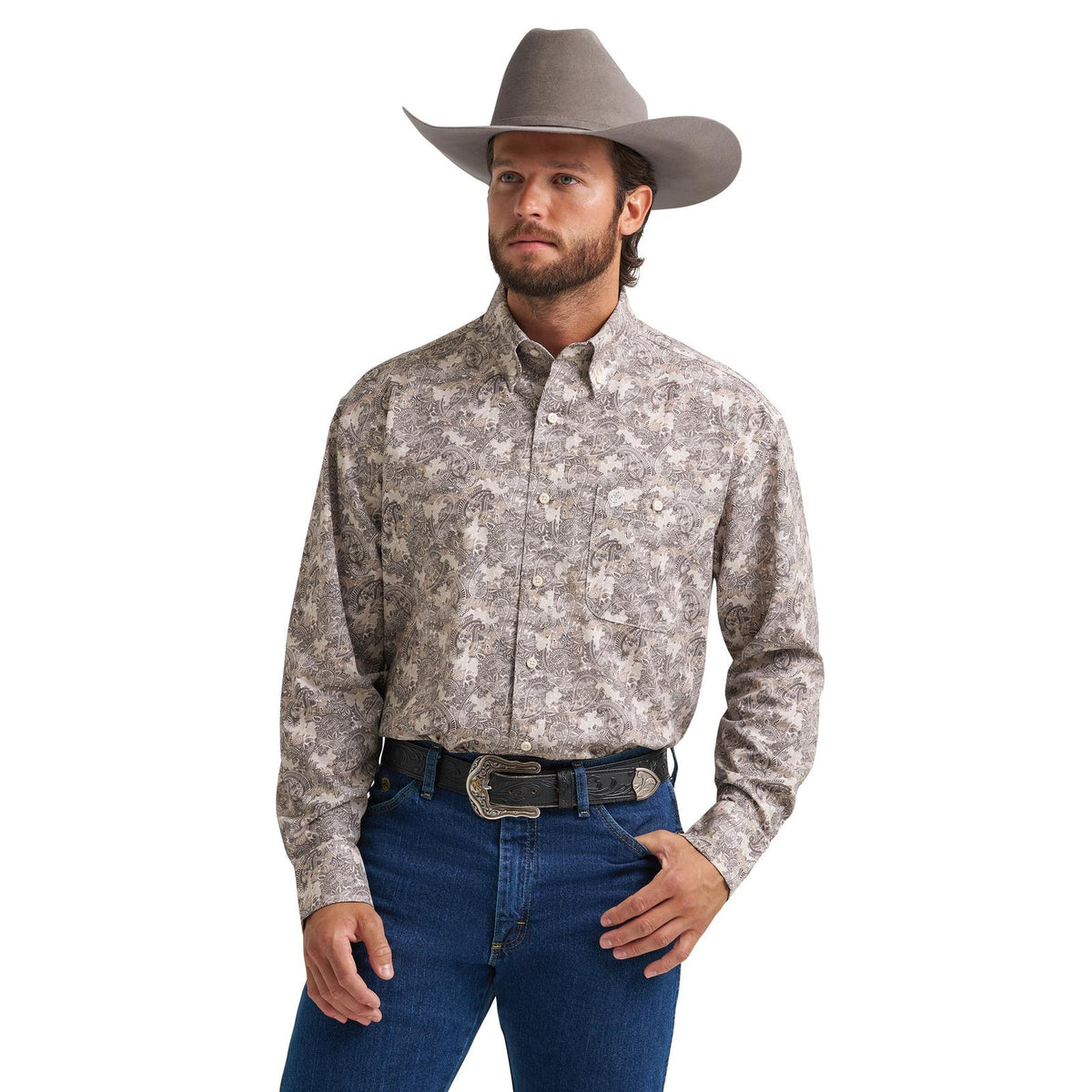 Wrangler Mens George Strait Collection Performance One Pocket Long Sleeve Shirt - Relaxed Fit Brown - view 2