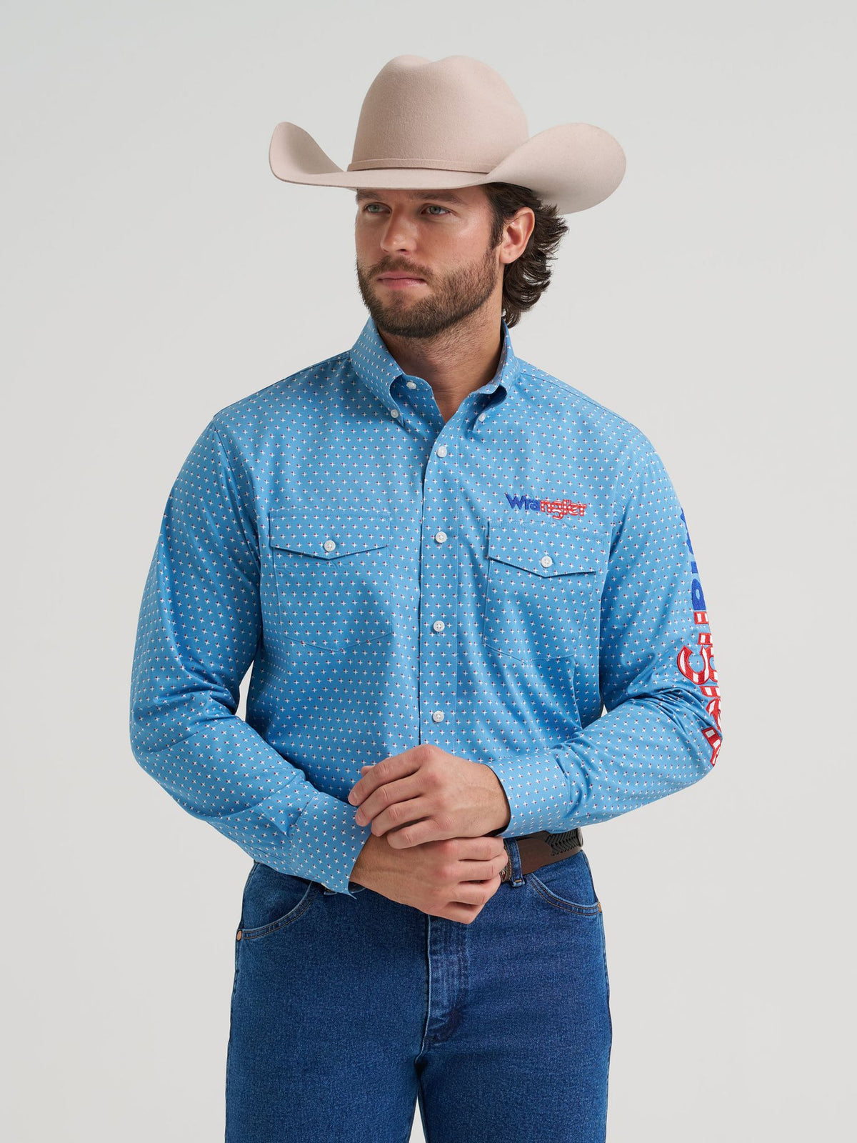 Wrangler Mens Long Sleeve Logo Shirt - Buttons Blue 112381985