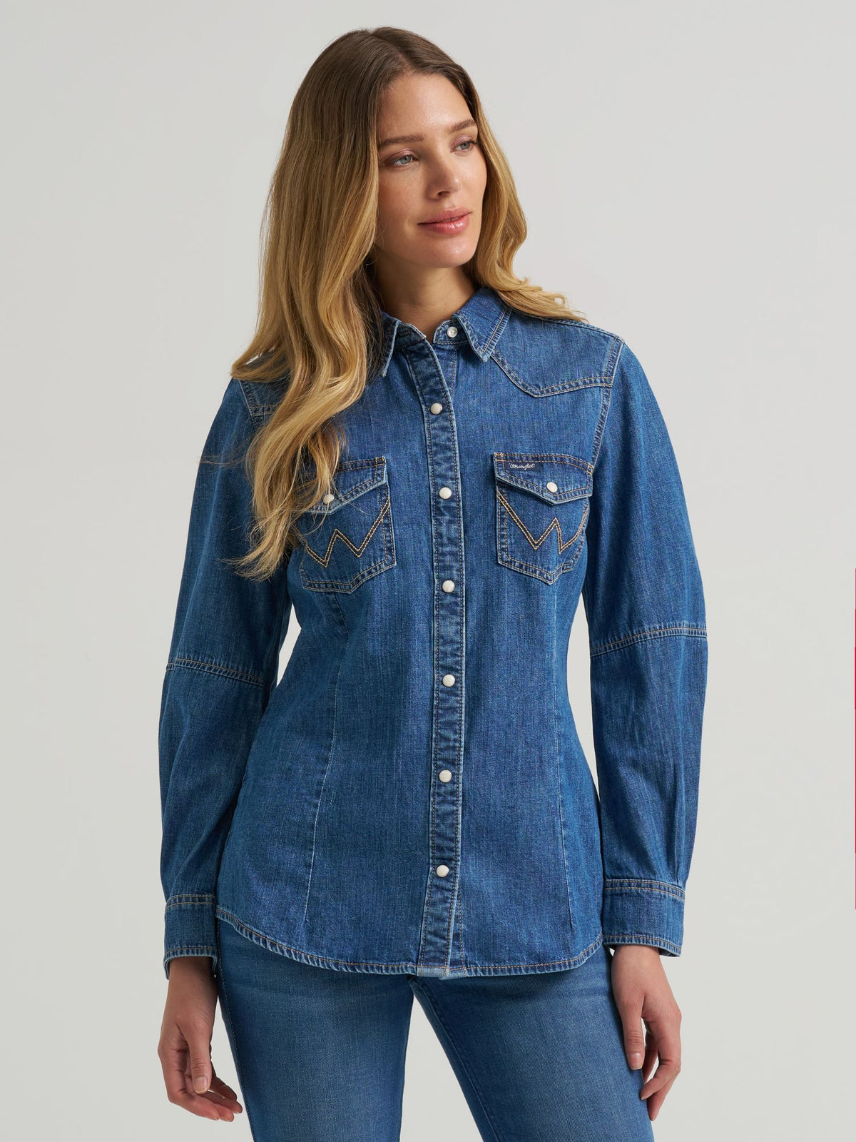 Wrangler Womens Retro Americana Western Denim Snap Shirt Blue 112382693