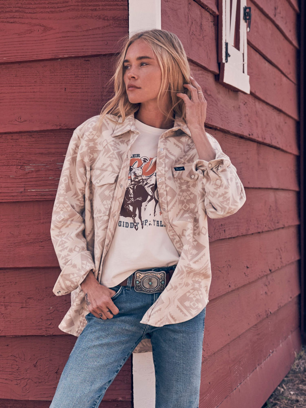 Wrangler Womens Retro Americana Boyfriend Snap Shirt Tan 112383027