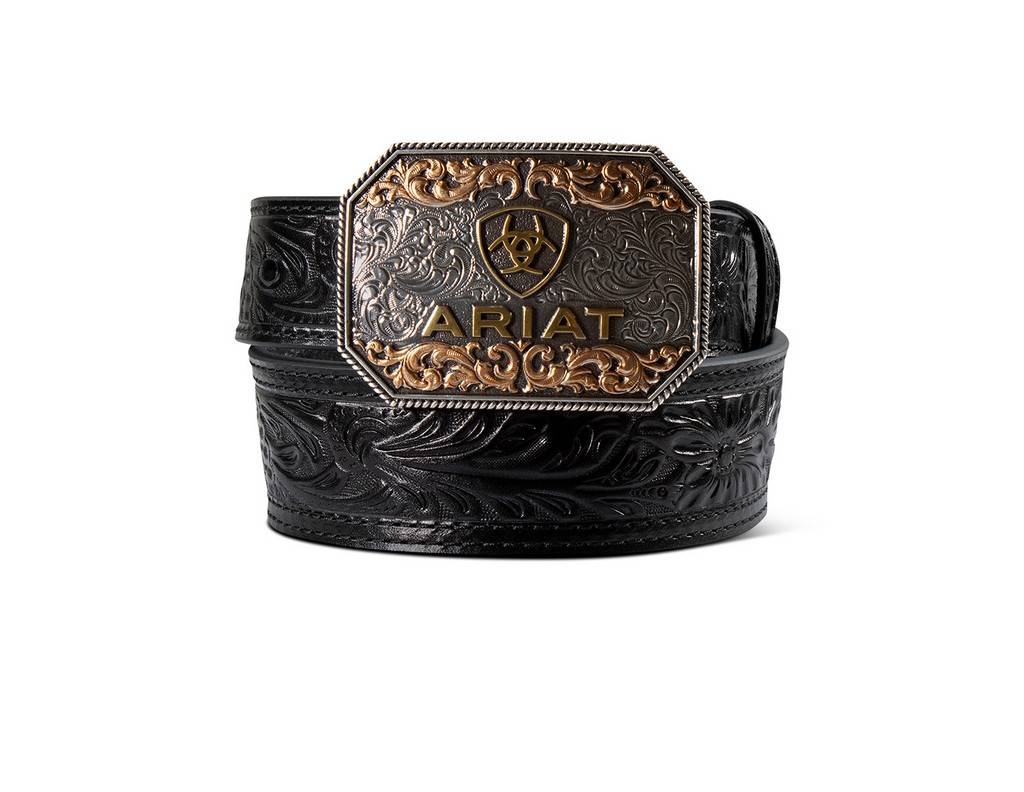 Ariat Kids Boys Belt 1 1/2" - 1 1/4" Floral Embossed Black-A1309101