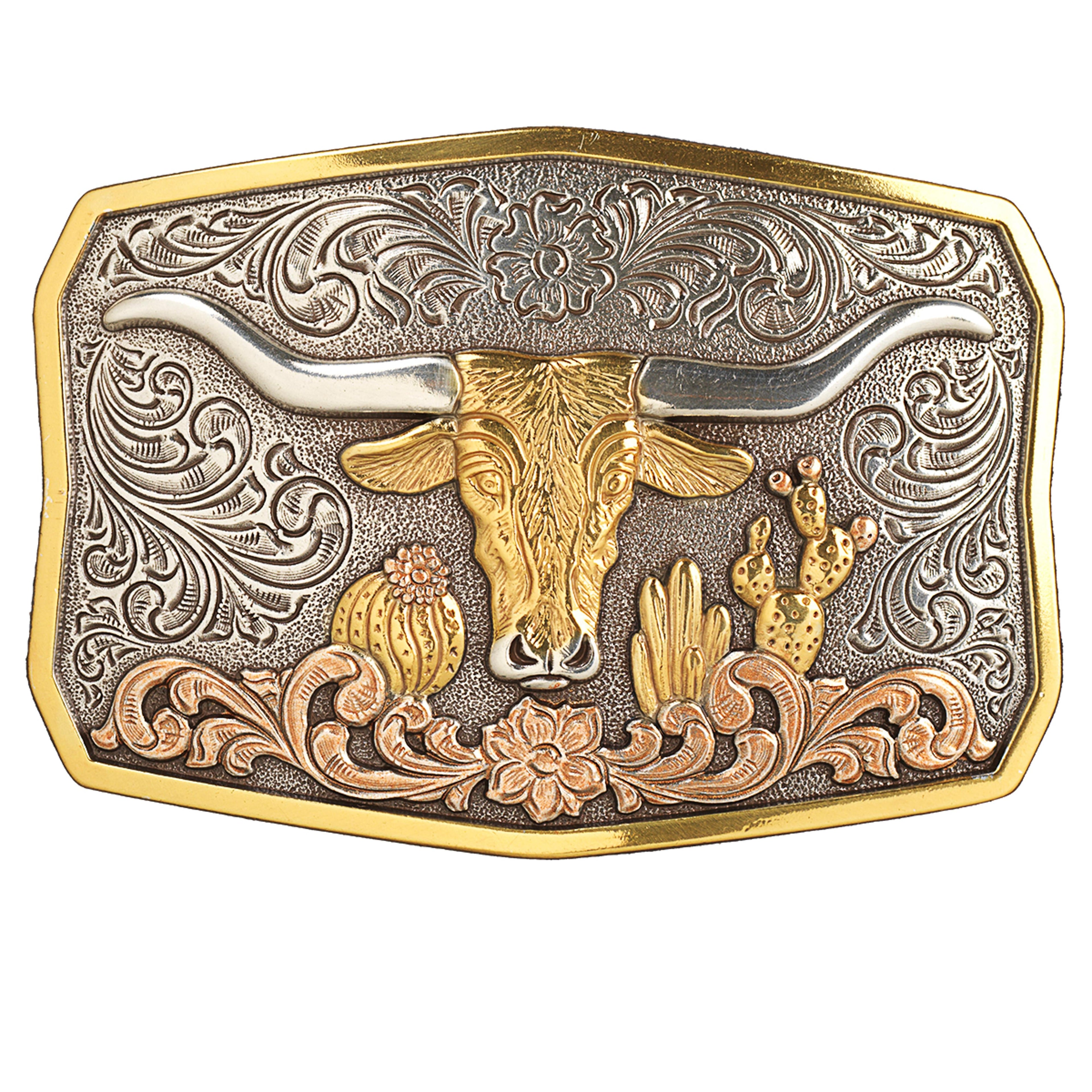RECTANGLE LONGHORN CACTUS ANTIQUE SILVER AND ANTIQUE GOLD