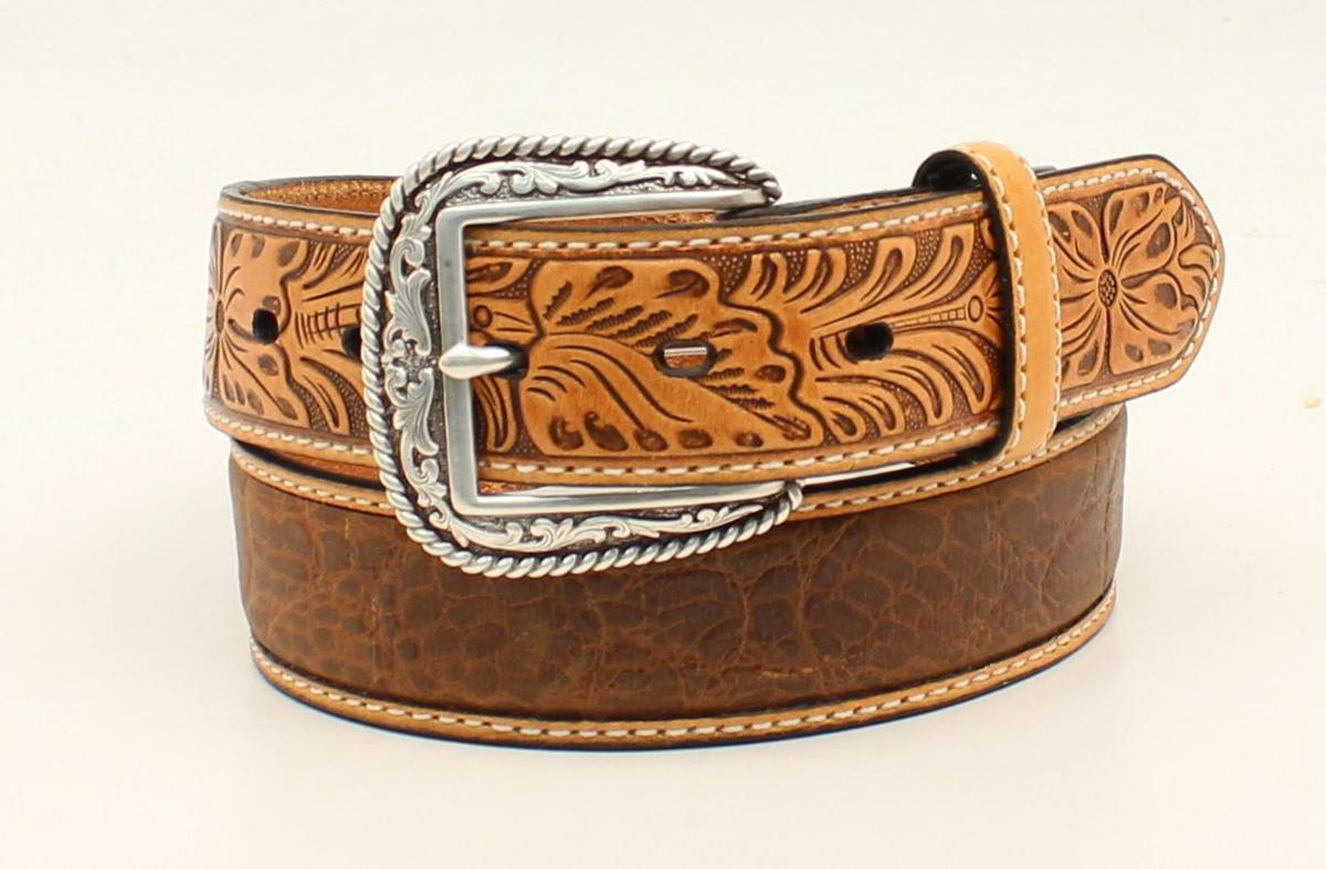 M and F Western Belt- Tooled Tab Dist Brown - Mens