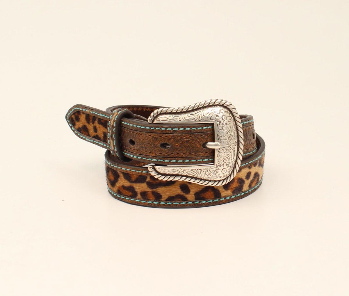 M and F Western Ariat 1 1/4" Girls Belt Leopard Turquoise Stitching Br