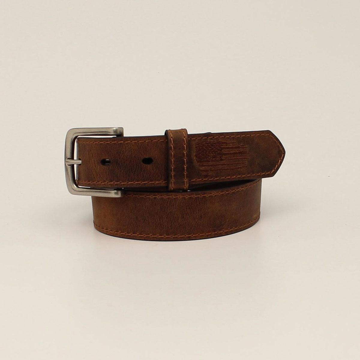 M and F Western Ariat Boys Belt 1 1/4 Stitch Usa Flag Shield Brown - M