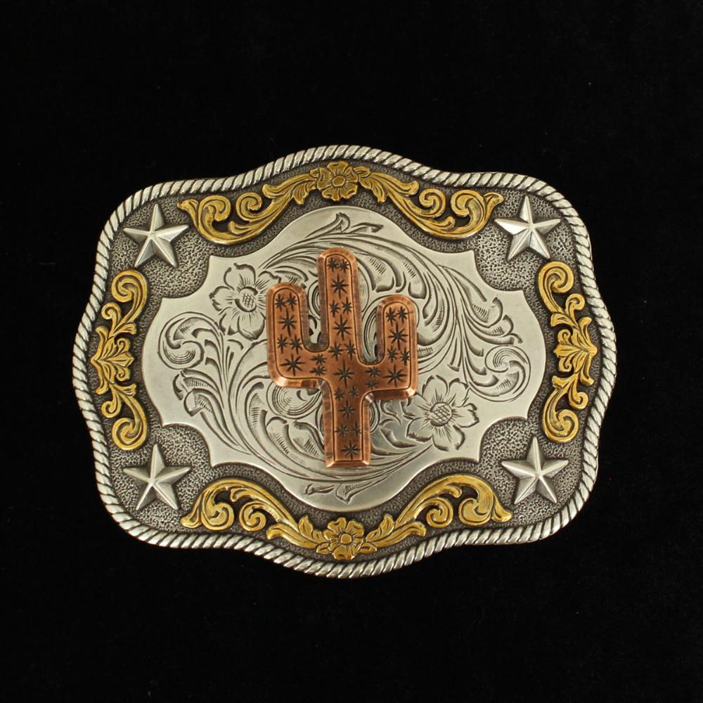 M and F Western Rectangle Rope Edge Copper Cactus Buckle - Mens