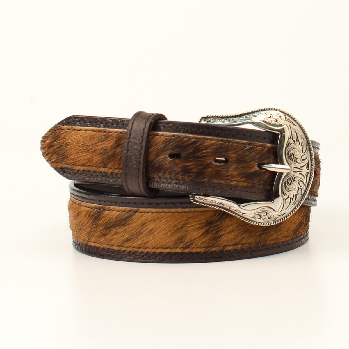 M and F Western Ariat Ladies Belt 1 1/2 Calf Hair Overlay Brown - Mens