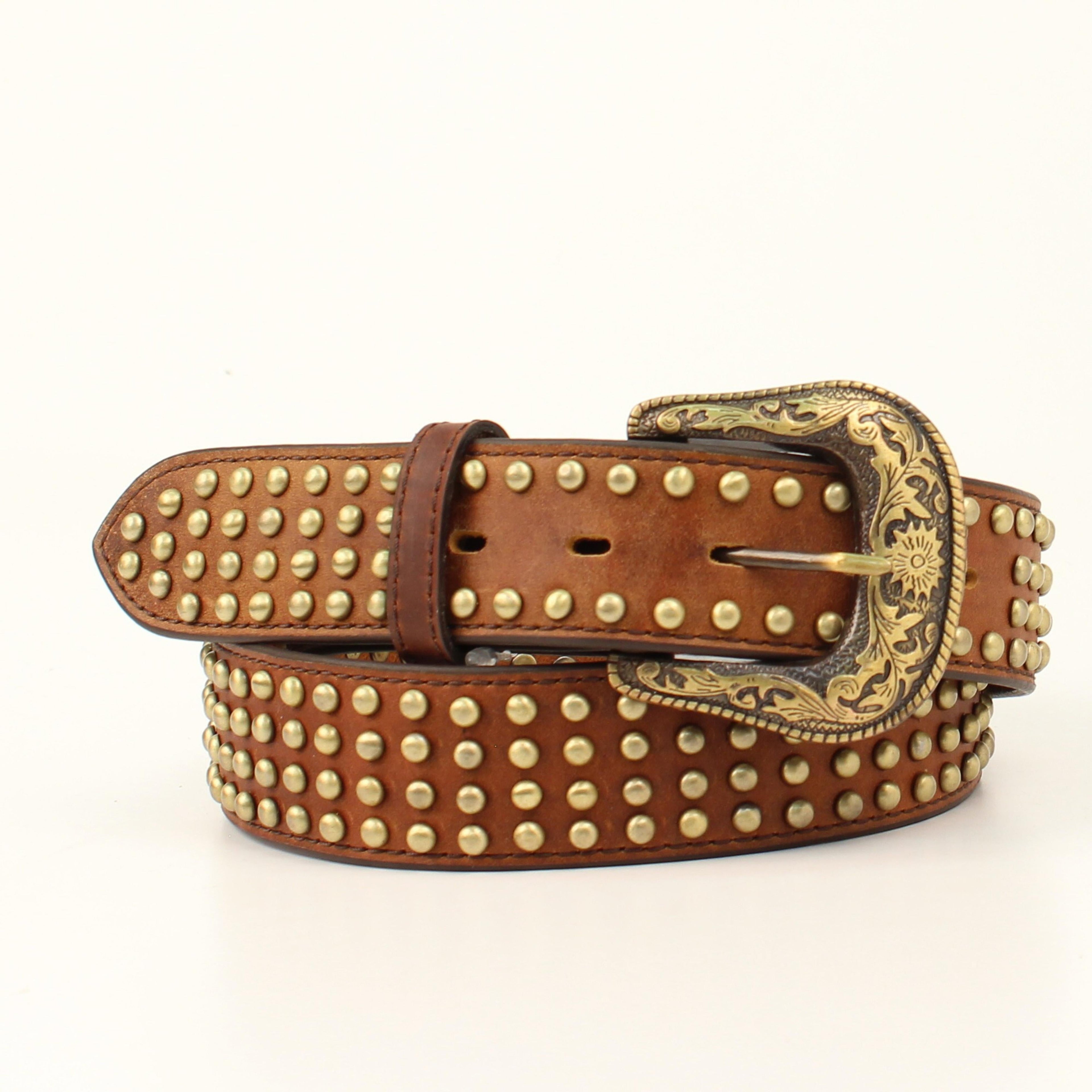 M and F Western Ariat Ladies Belt 1 1/2 Gold Stud Pattern Brown - Mens