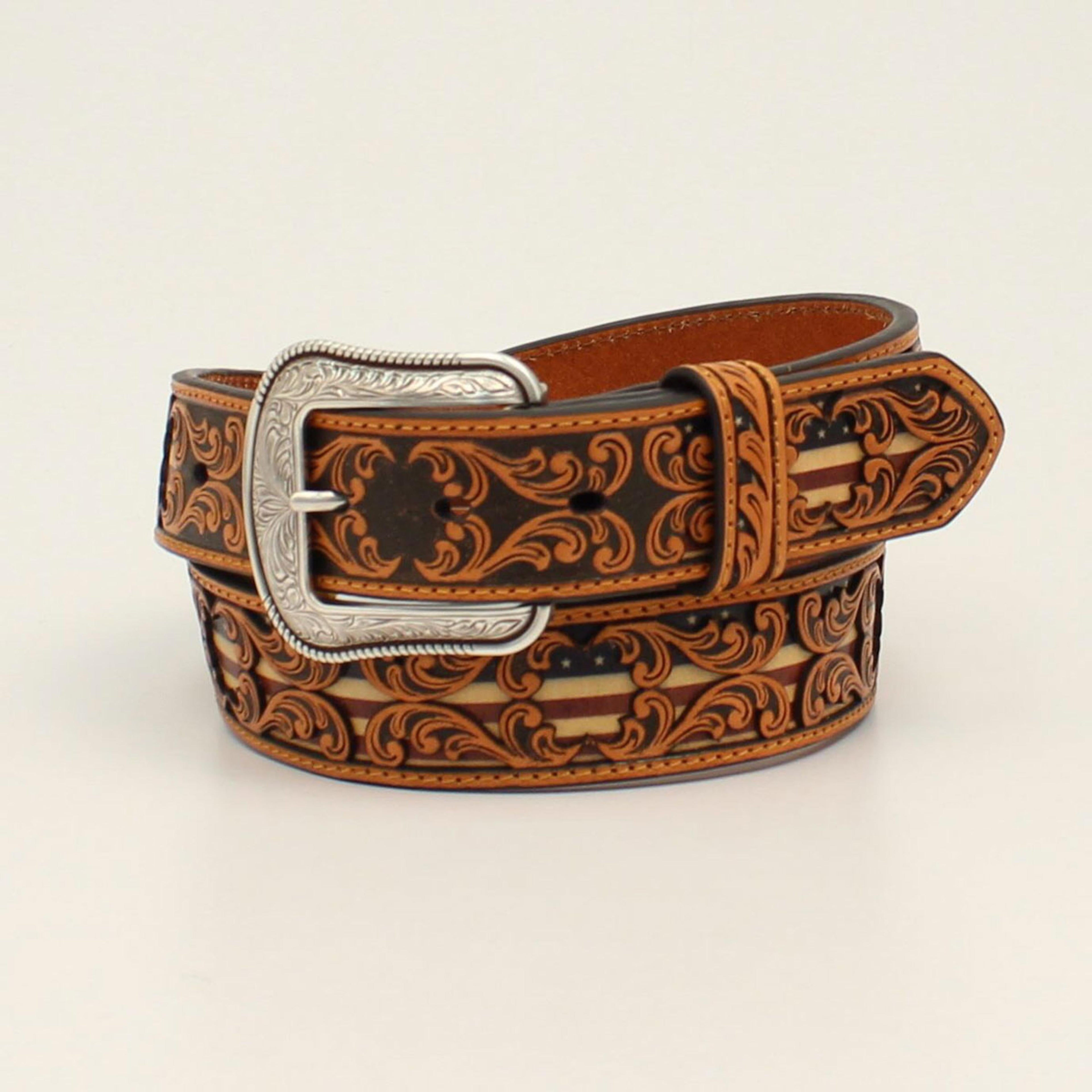 M and F Western 1 1/2 Tooled Leather Belt with USA Flag Underlay Tan -