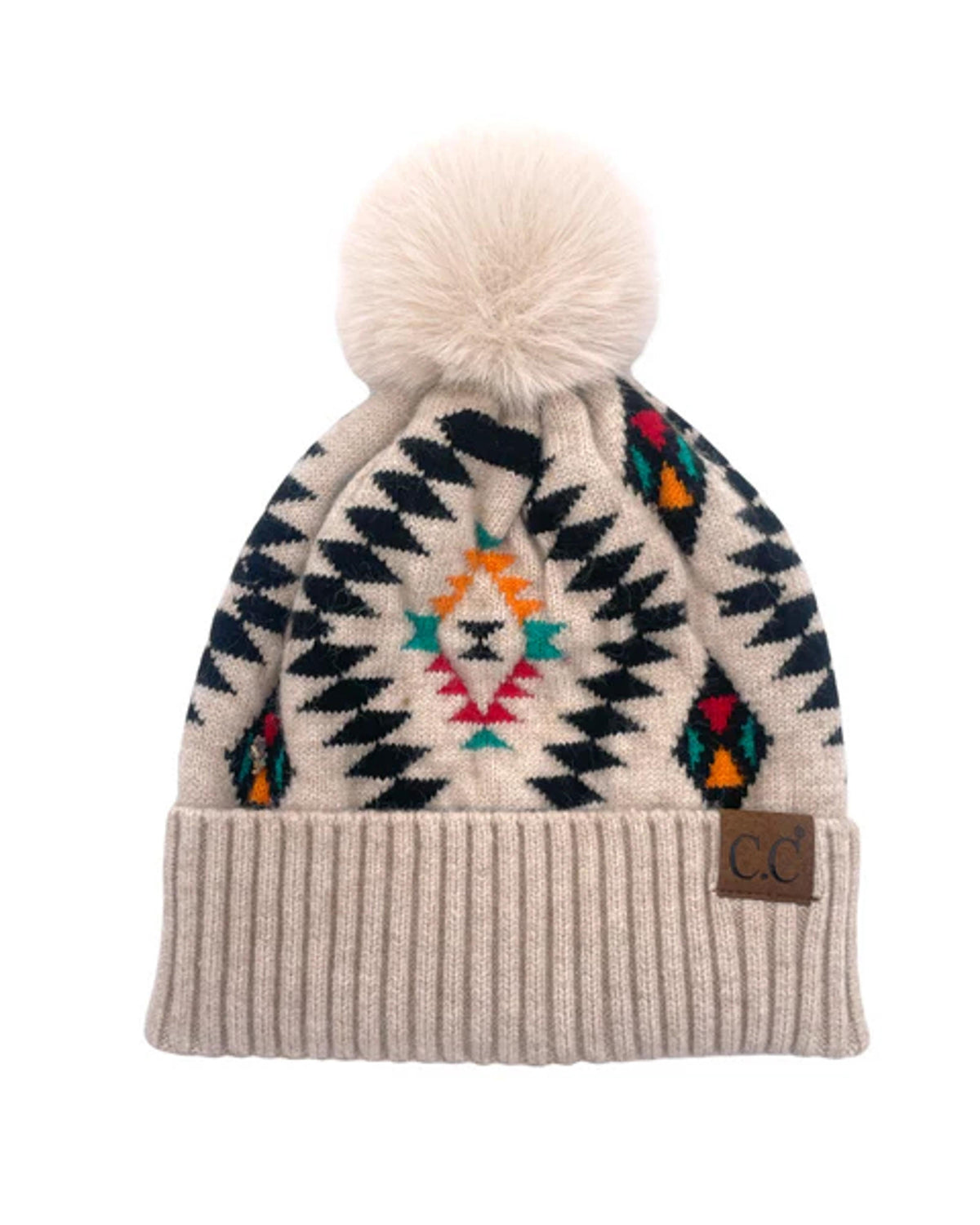 Girlie Girl Aztec Beanie Faux Fur Pom-HAT3001-BEI