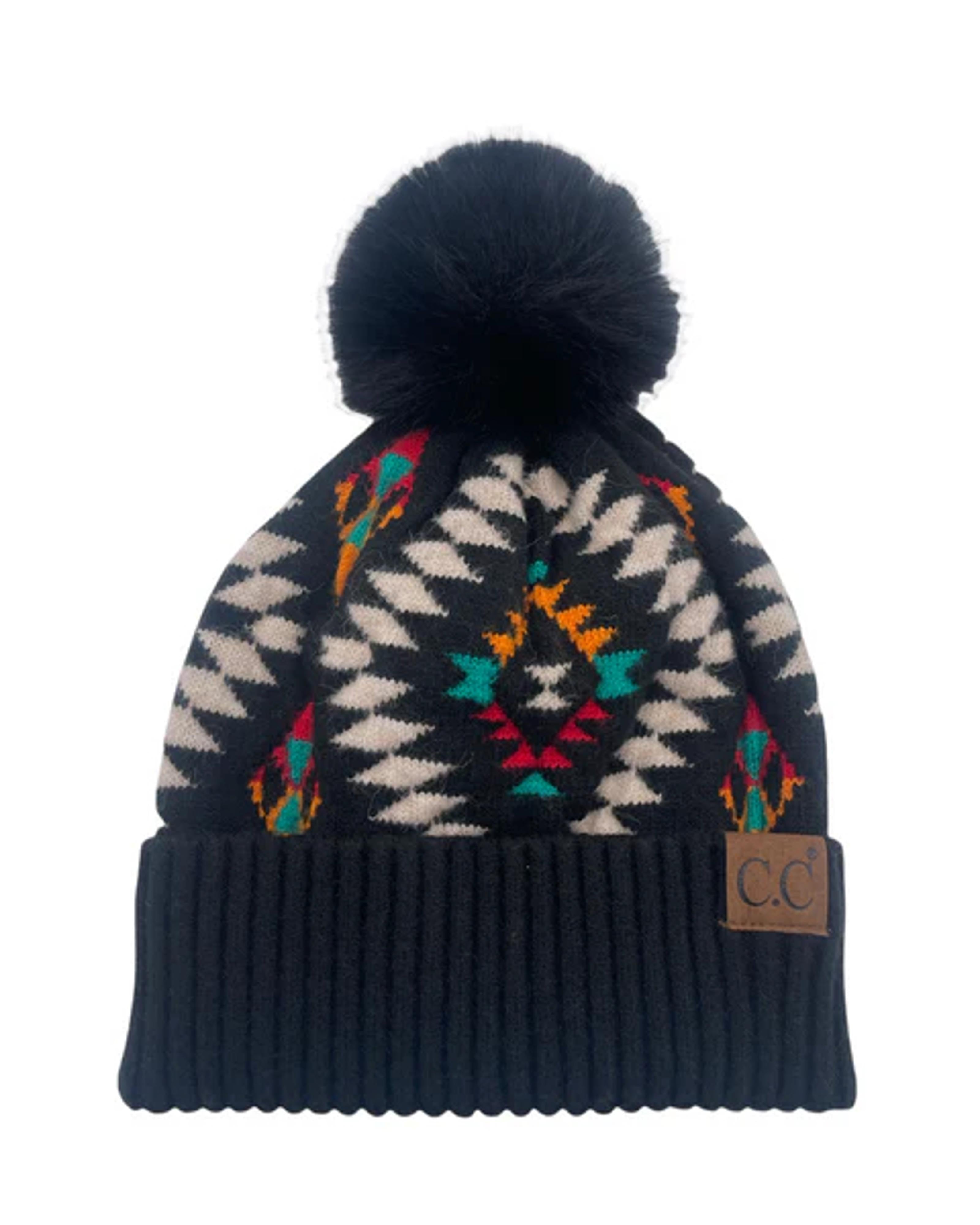 Girlie Girl Aztec Beanie Faux Fur Pom-HAT3001-BLK