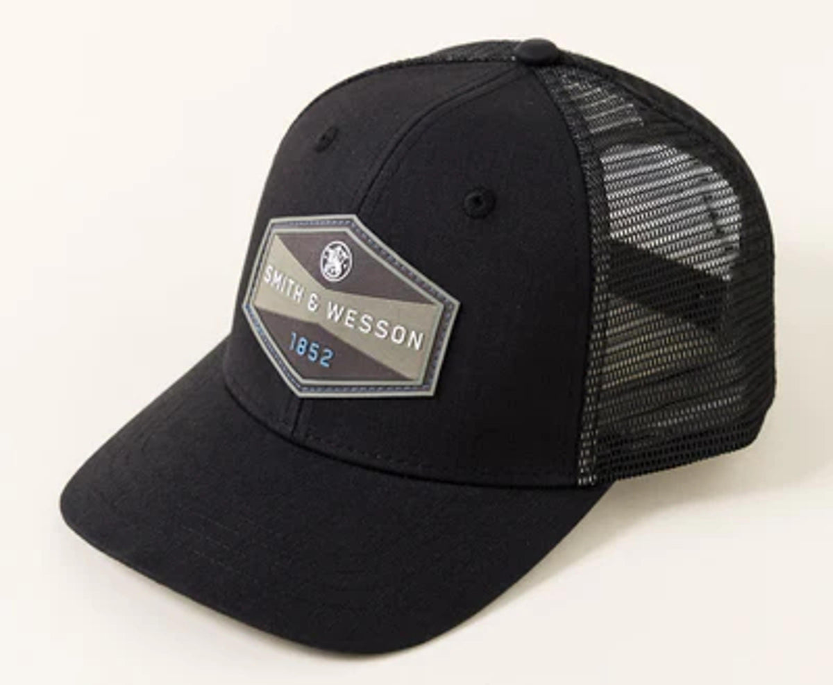 Smith and Wesson Two-Tone Hexagon Patch Trucker Cap in Heather Black L