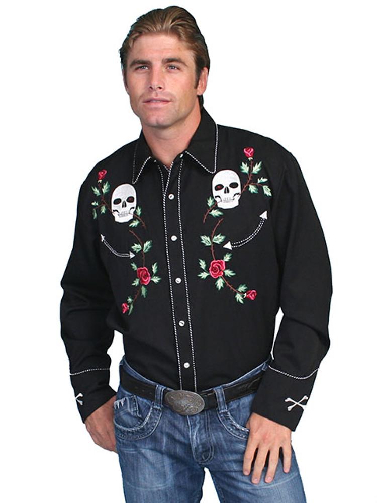 Scully Mens Skull and Roses Embroidered Western Shirt-P-771BLK
