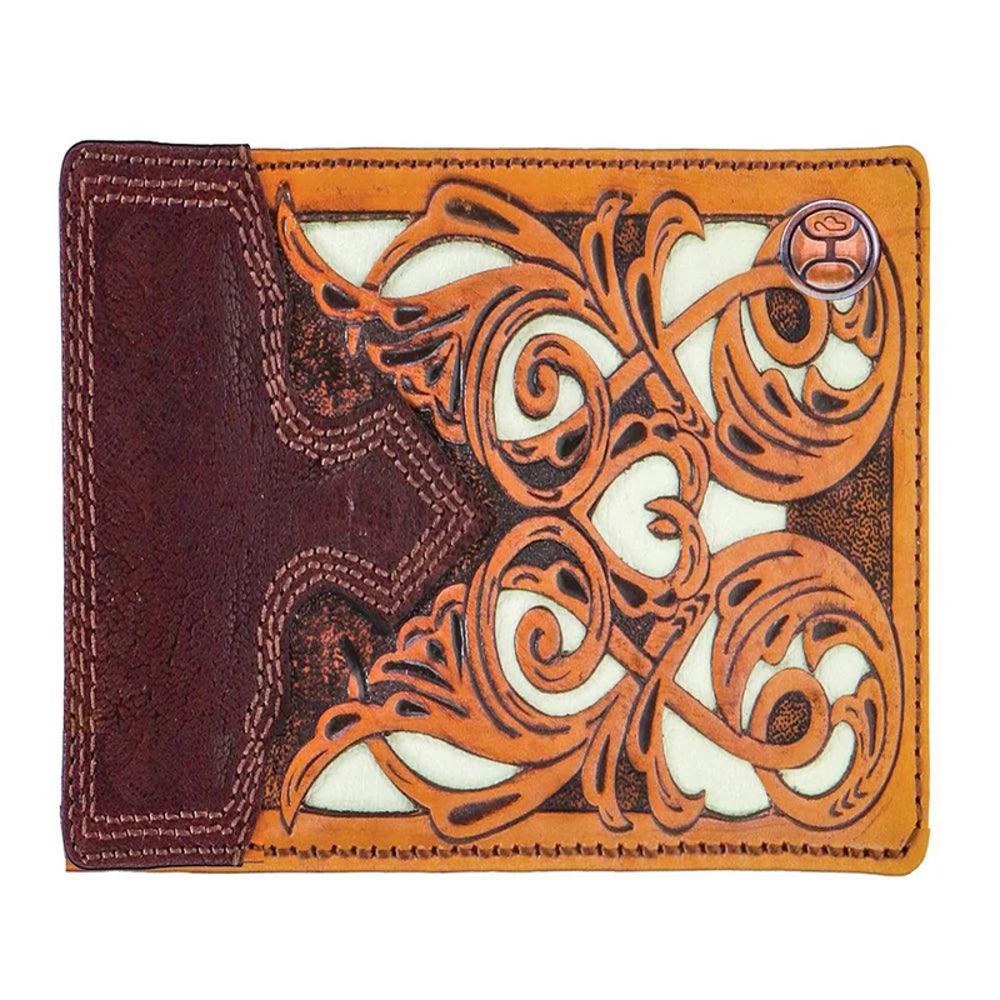 Hooey Top Notch Hand-Tooled Leather Bi-Fold Wallet With Ivory Leather Inlay Bullhide-HBF008-TNBR