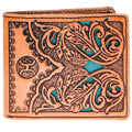 Hooey Phoenix Hand Tooled Feather Filigree Leather Bifold Wallet With Turquoise Leath-HBF017-TNTQ