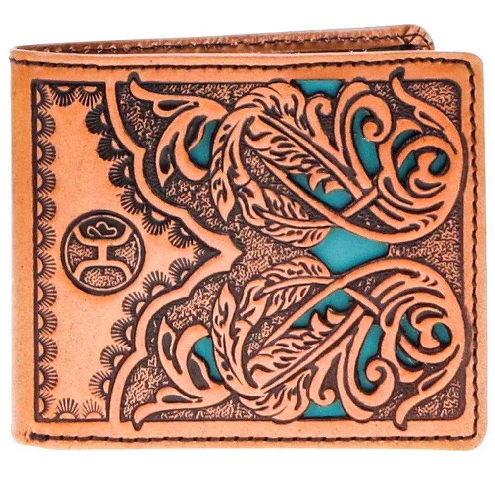 Hooey Phoenix Hand Tooled Feather Filigree Leather Bifold Wallet With Turquoise Leath-HBF017-TNTQ