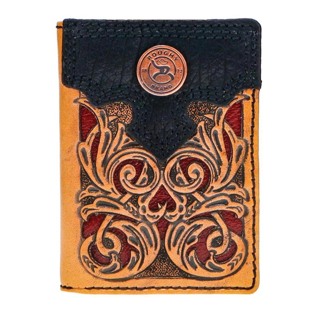 Hooey Ryder Hand-Tooled Leather Cutout Tri-Fold Wallet With Red Leather Inlay Black B-RTF003-TNRD