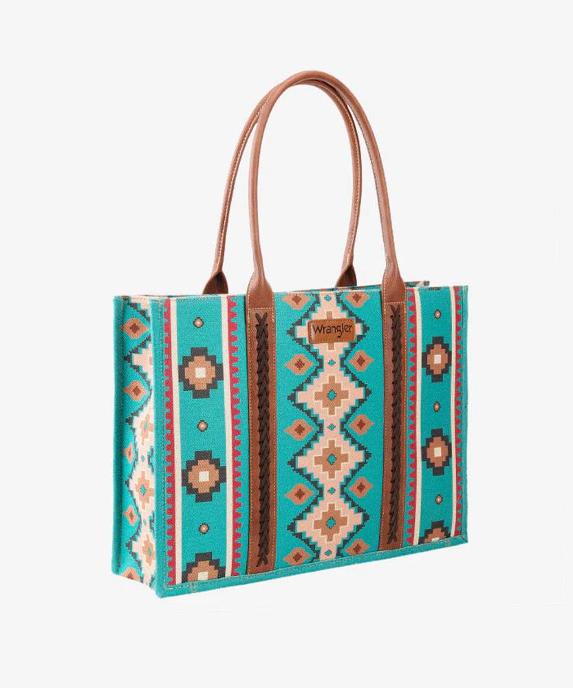 Montana West Wrangler Pattern Print Canvas Wide Tote-WG2203-8119TURQ