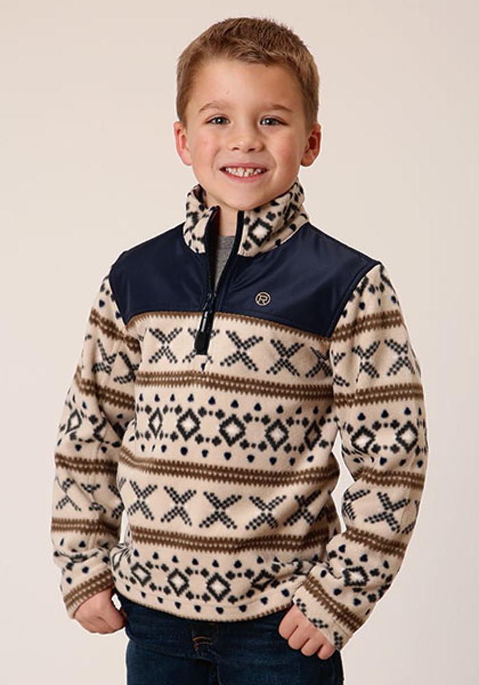 Roper Kids 1/4 Zip Polar Fleece Wht/Navy Aztec - White-397-692-6163WH
