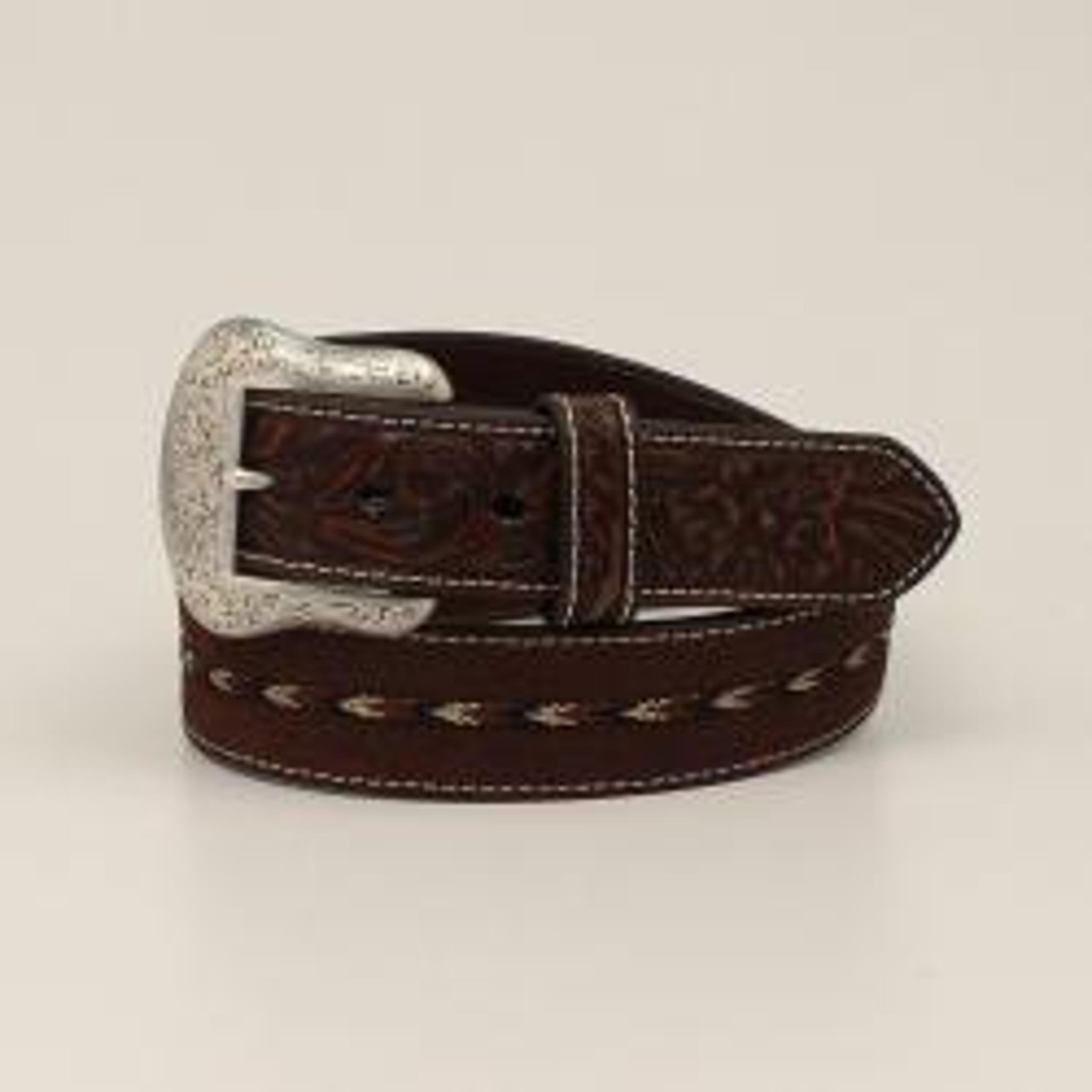 M and F Western Ariat Mens Belt 1 1/2" Tooled Tab Braided Strap Brown