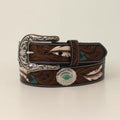 M&F Western Ariat Ladies Belt Feather Floral Embossed Oval Concho Brown