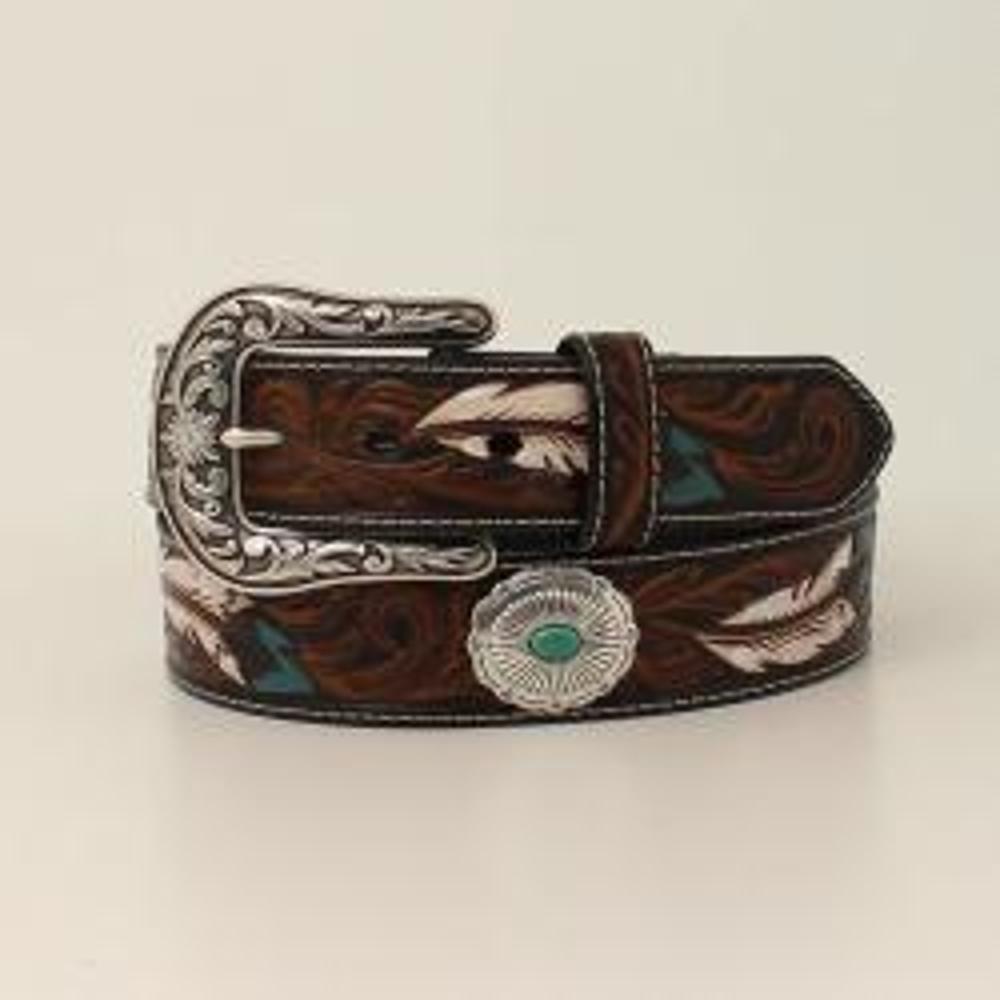 M&F Western Ariat Ladies Belt Feather Floral Embossed Oval Concho Brown