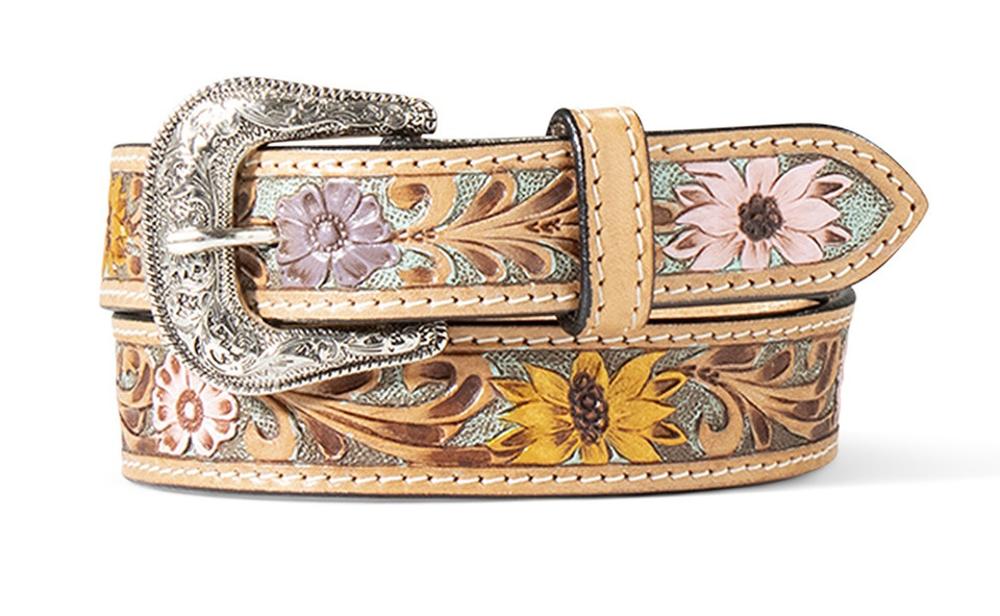 M&F Western Ariat Girls Belt 1 1/4" Sunflower Daisy Hand Tooled Multicolor