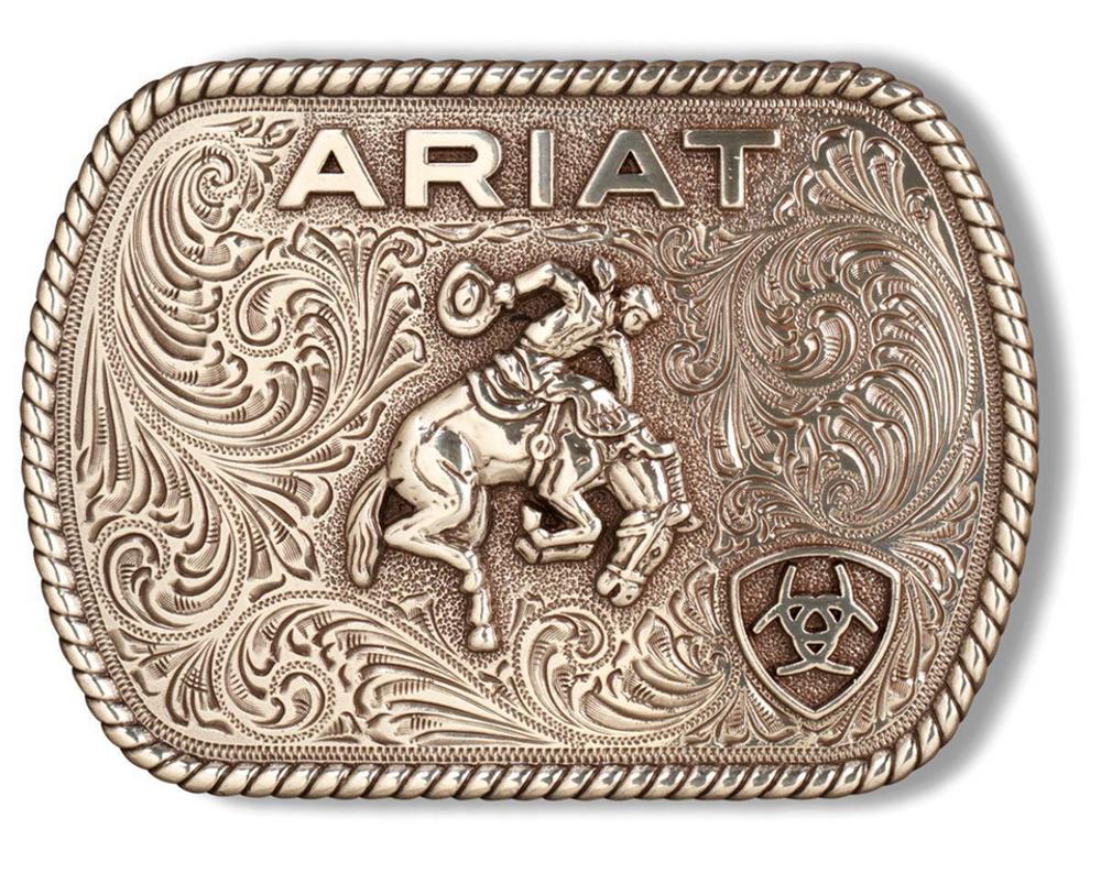 M and F Western Ariat Rectangle Vintage Saddle Bronc Antique Silver -