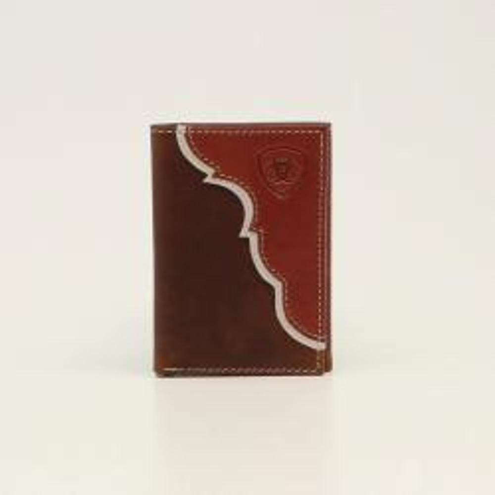 M&F Western Ariat Mens Trifold Wallet Two Tone Shield Logo Tan