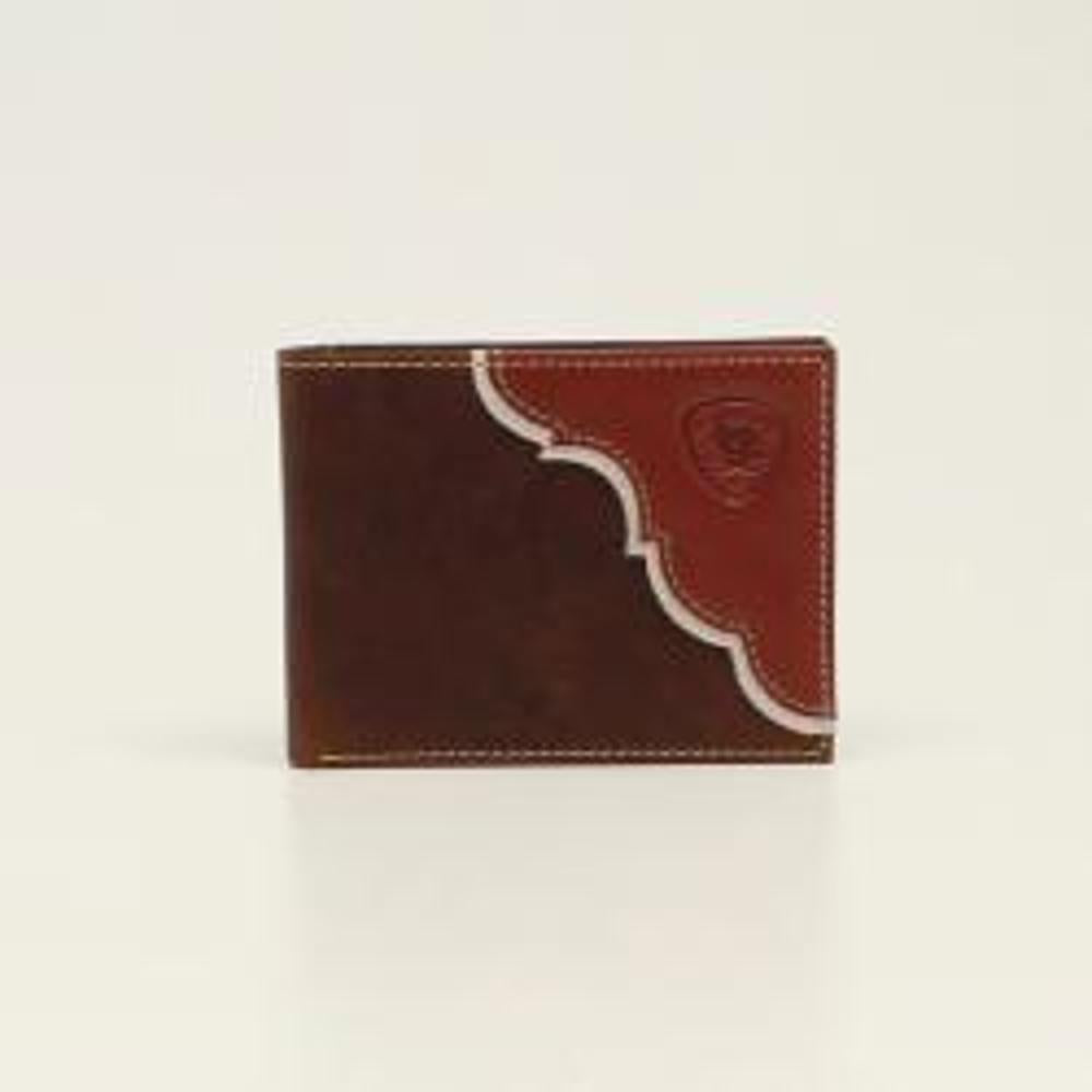 M&F Western Ariat Mens Bifold Wallet Two Tone Shield Logo Tan