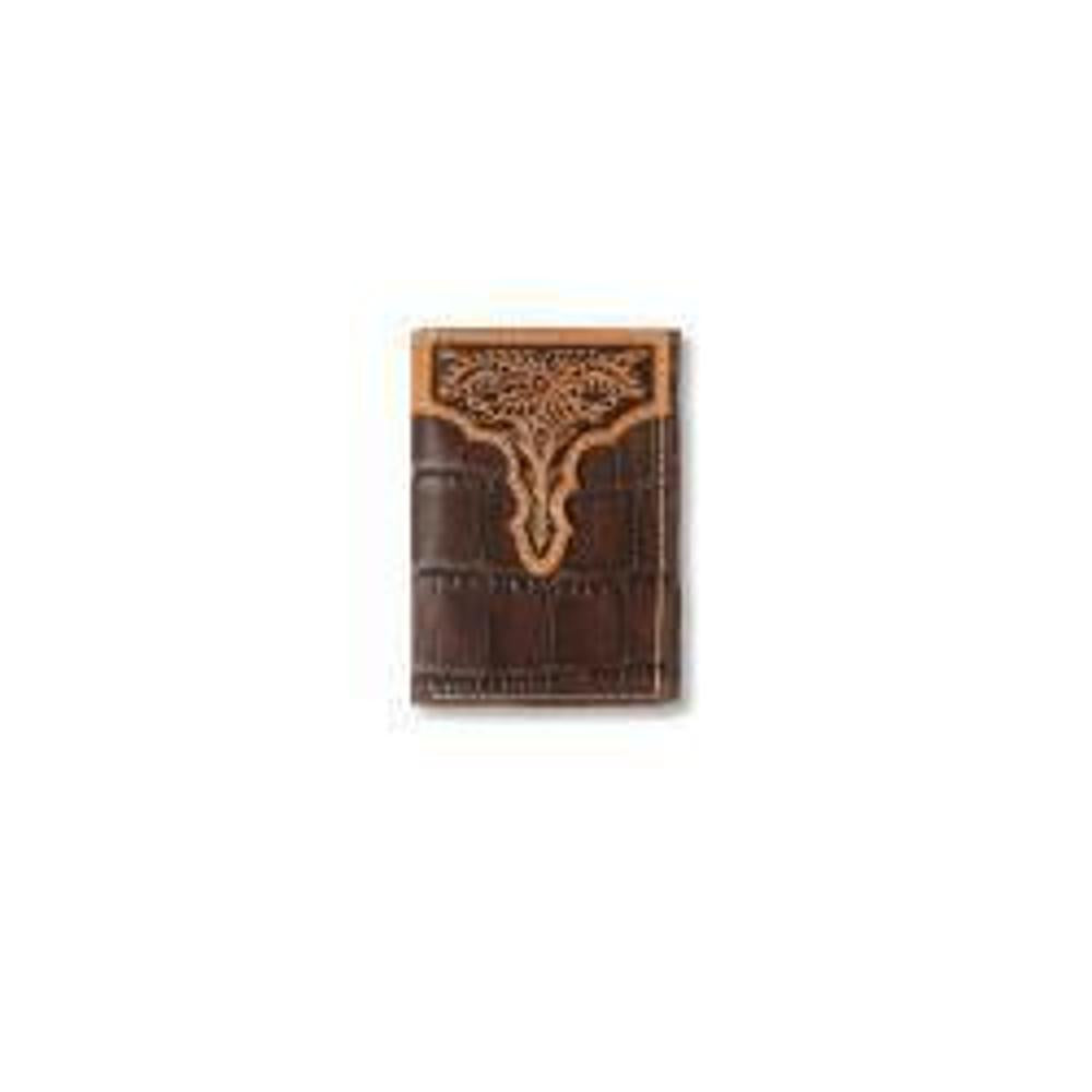 M&F Western Ariat Trifold Wallet Croc Floral Embossed Brown