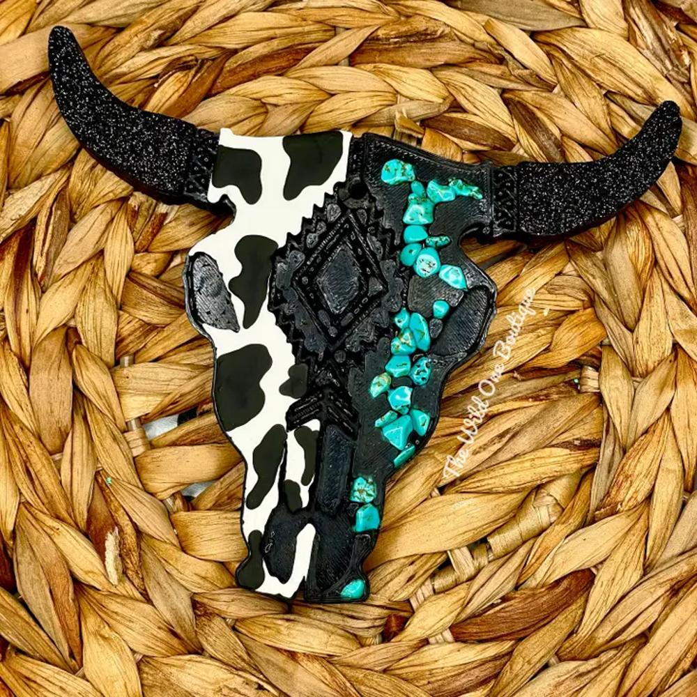The Wild One Cow Print Turquoise Bull Skull Car Freshie-F01