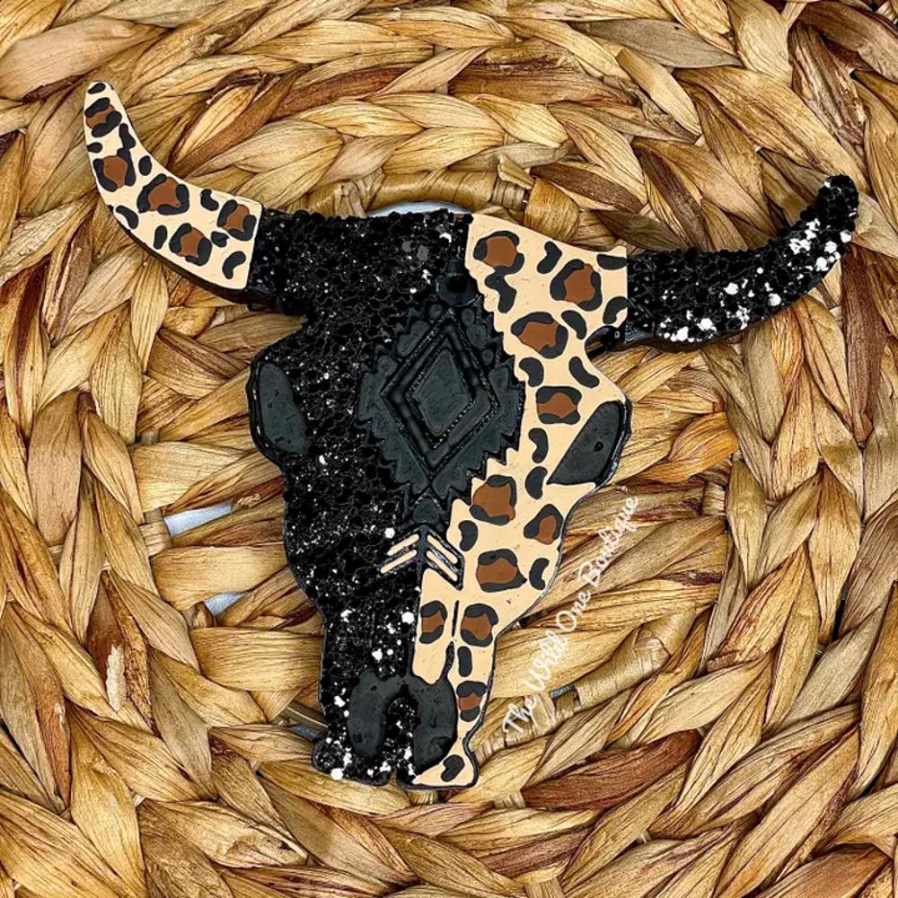 The Wild One Black Cheetah Print Bull Skull Car Freshie-F04