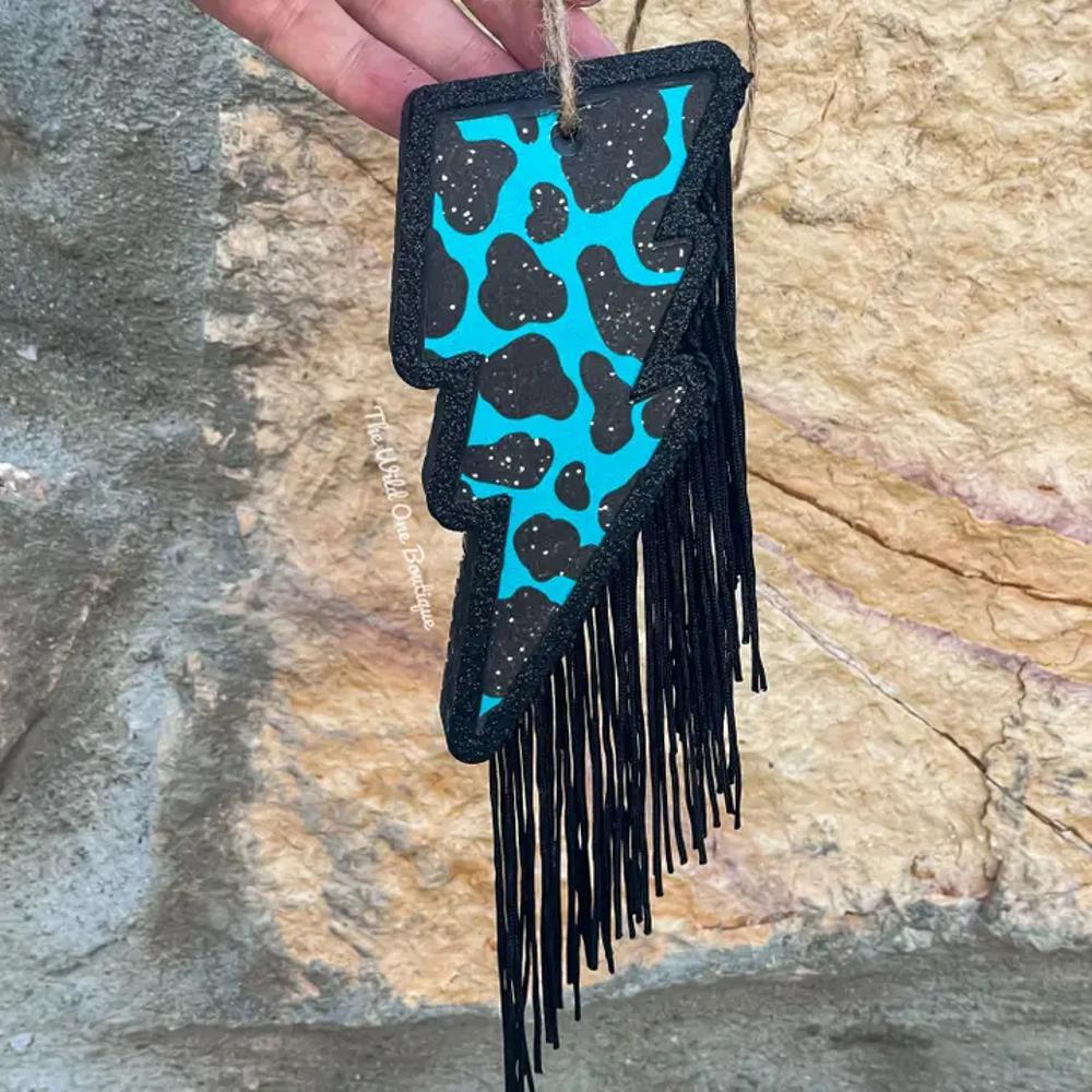 The Wild One Blue Cow Print Bolt Freshie With Fringe-F11