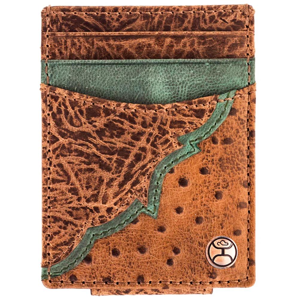 Hooey Sawyer Hooey Ostrich Print Leather Money Clip With Brown Overlay And Turquoise-HMC032-TNBR